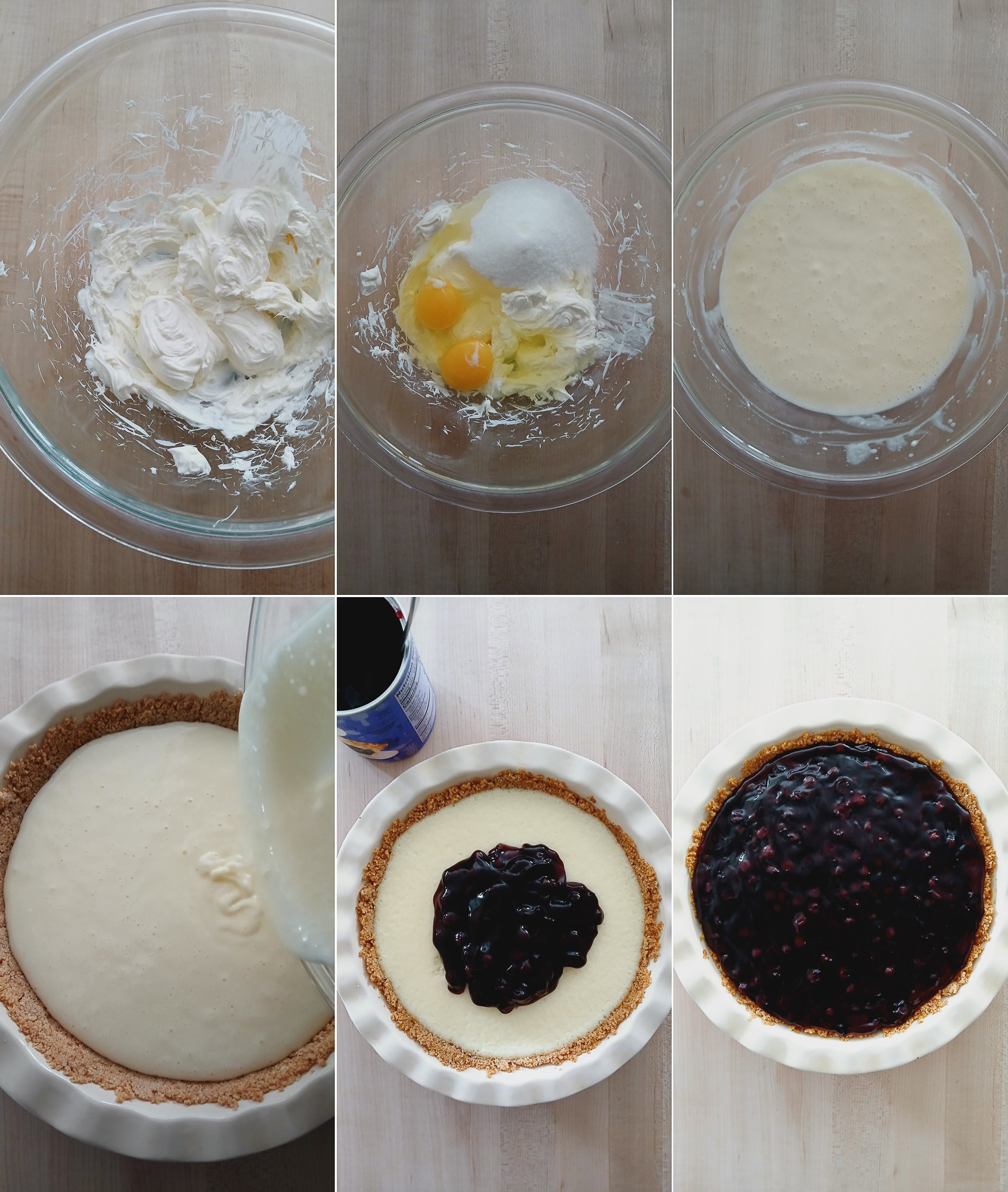 A step-by-step collage of six images showing blueberry cream pie preparation. Includes cream cheese, sugar and egg mixture, combined batter, pouring batter into crust, adding blueberry topping.