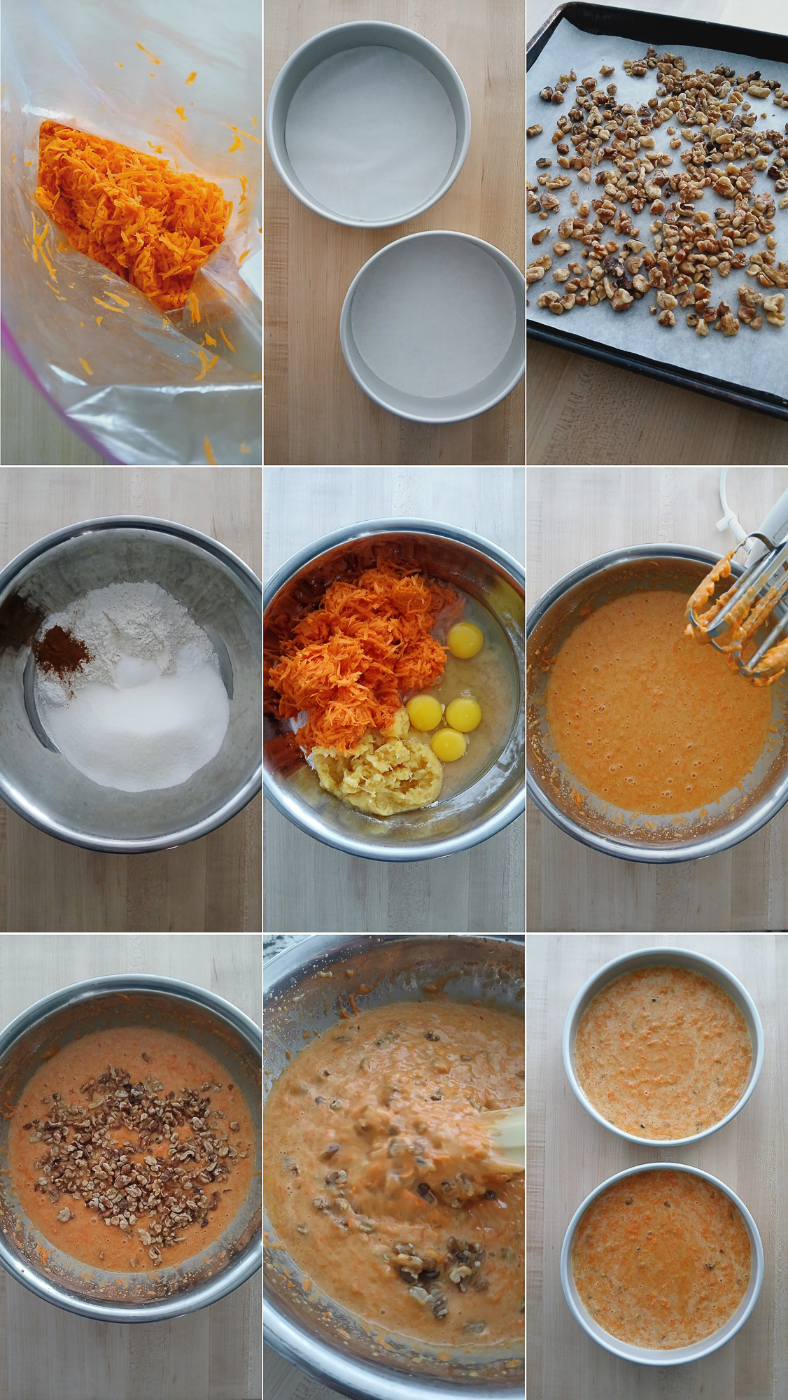 A step-by-step collage shows carrot cake preparation: grated carrots, cake pans, chopped nuts on a tray, mixing dry and wet ingredients, batter with nuts, and filled pans.