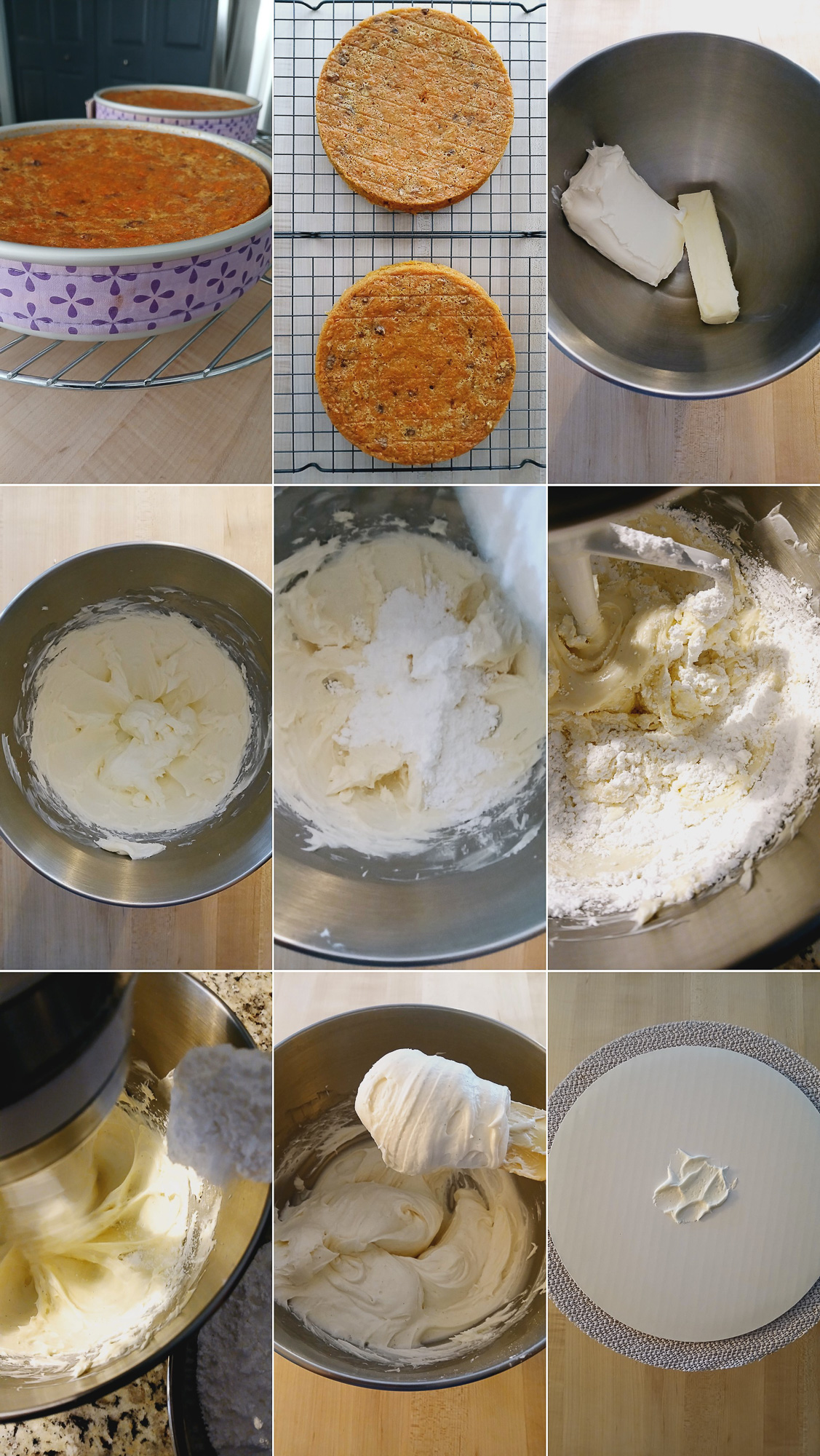A step-by-step collage shows cream cheese frosting preparation: baked carrot cake layers, a metal mixing bowl with butter and cream cheese, mixing stages of frosting with powdered sugar, and a dollop of frosting on a cake board ready for assembly.