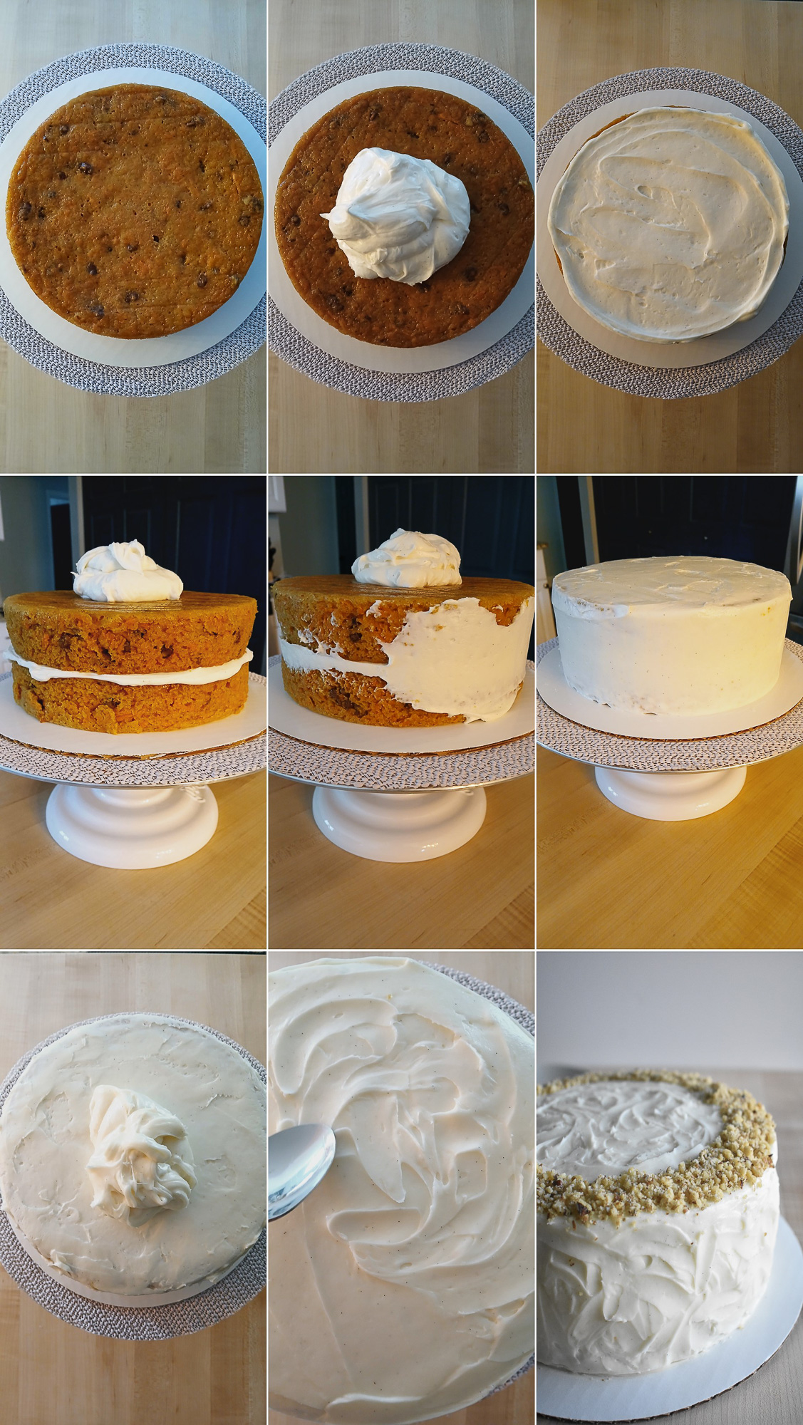 A step-by-step collage shows how to assemble and frost a carrot cake with cream cheese frosting. Photos show a layered cake from bare to fully frosting with white rustic icing and chopped nut topping