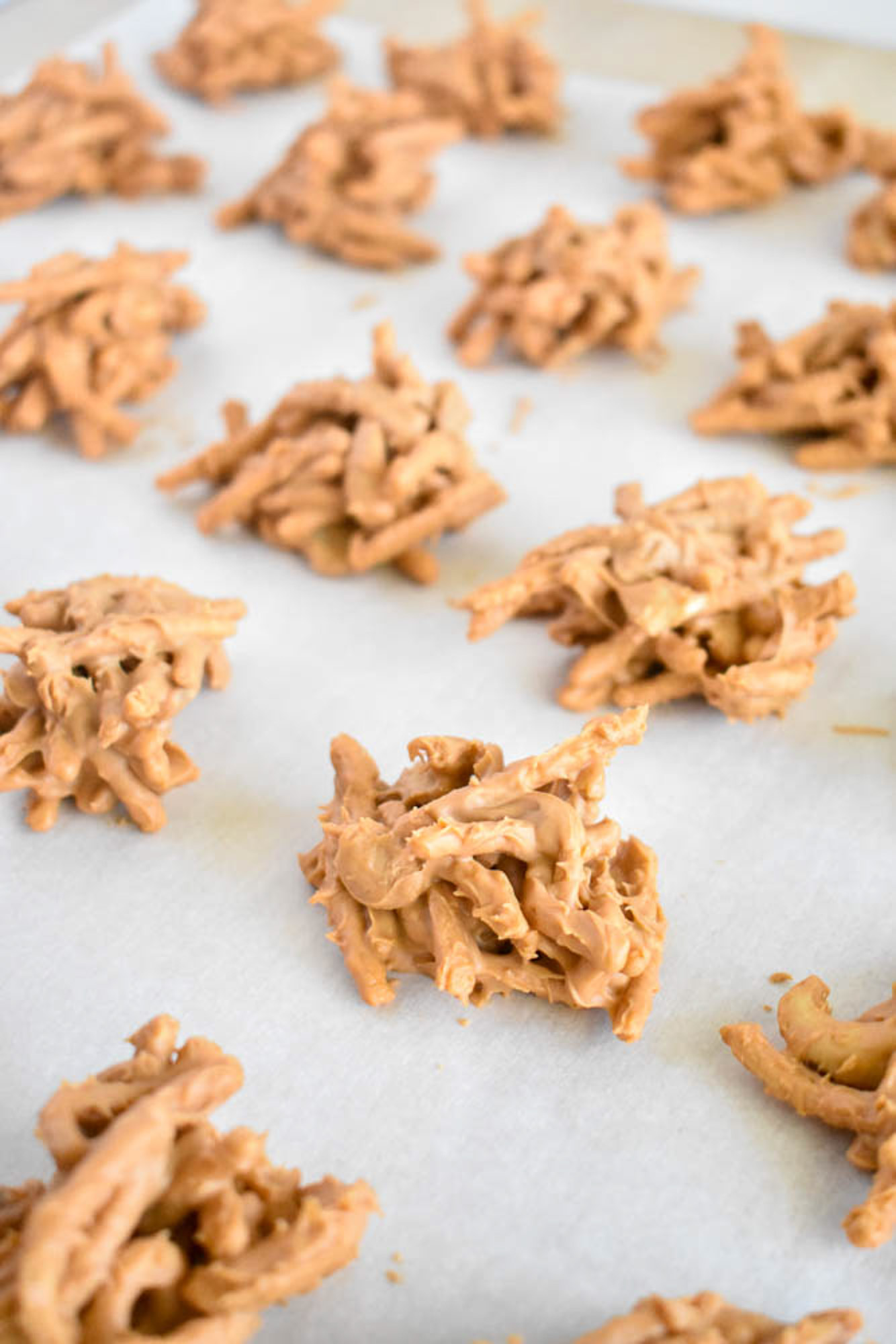 Clusters of haystack cookies made with butterscotch chips and chow mein noodles are arranged on parchment paper