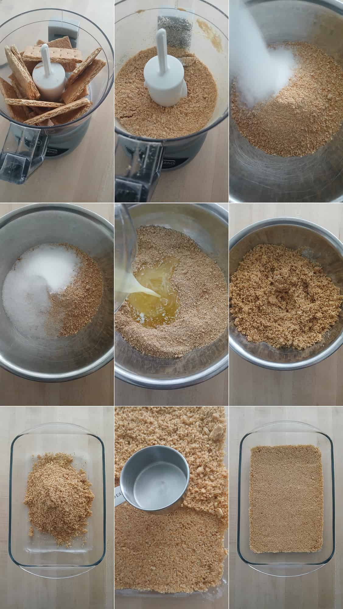 Collage image showing pineapple dessert crust preparation. Includes graham crackers in a processor, mixed with sugar and butter, and pressed into a baking dish.