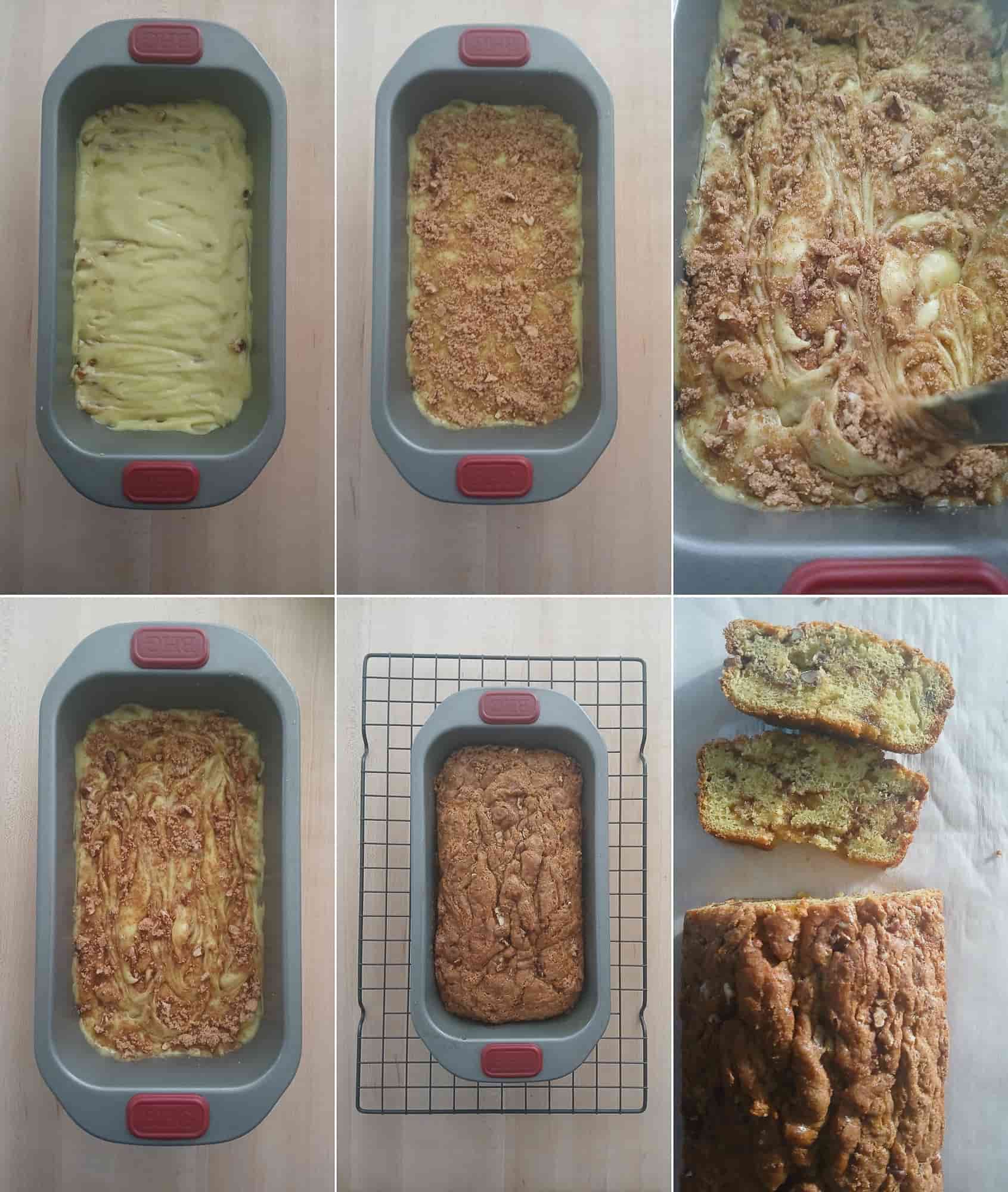 A collage showing pistachio bread in pan. Images depict batter, crumb topping, swirling into the batter, baking, and sliced loaf on a cooling rack.