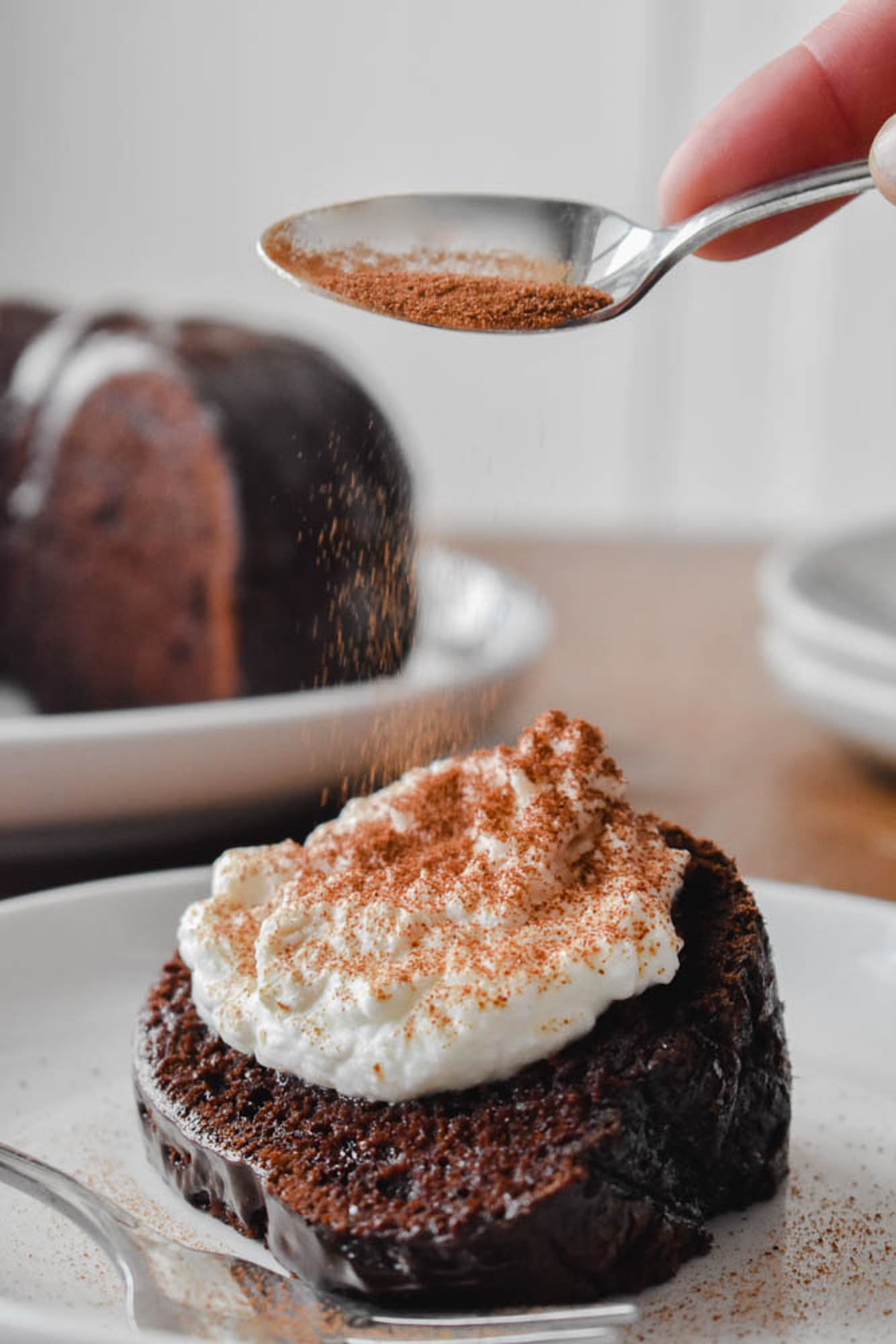 A slice of Black Russian cake topped with whipped cream on a plate, being dusted with espresso powder from a spoon. The whole cake is blurred in the background.