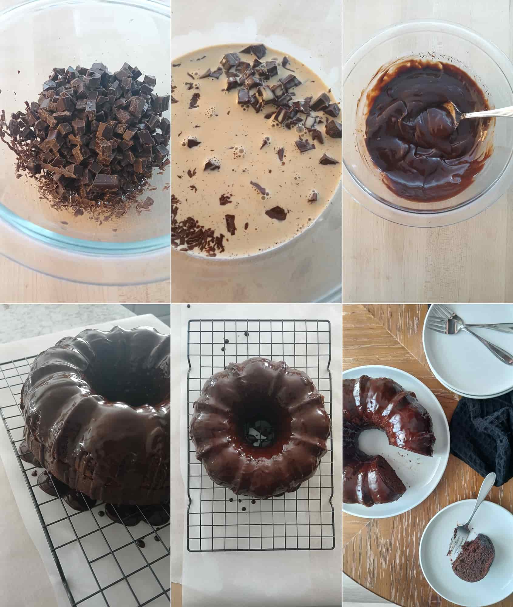 A step by step collage shows the process of making a ganache glaze to pour on top of Black Russian cake (chocolate bundt cake). Chopped chocolate, ganache mixing, and glazing lead to a sliced, plated cake.
