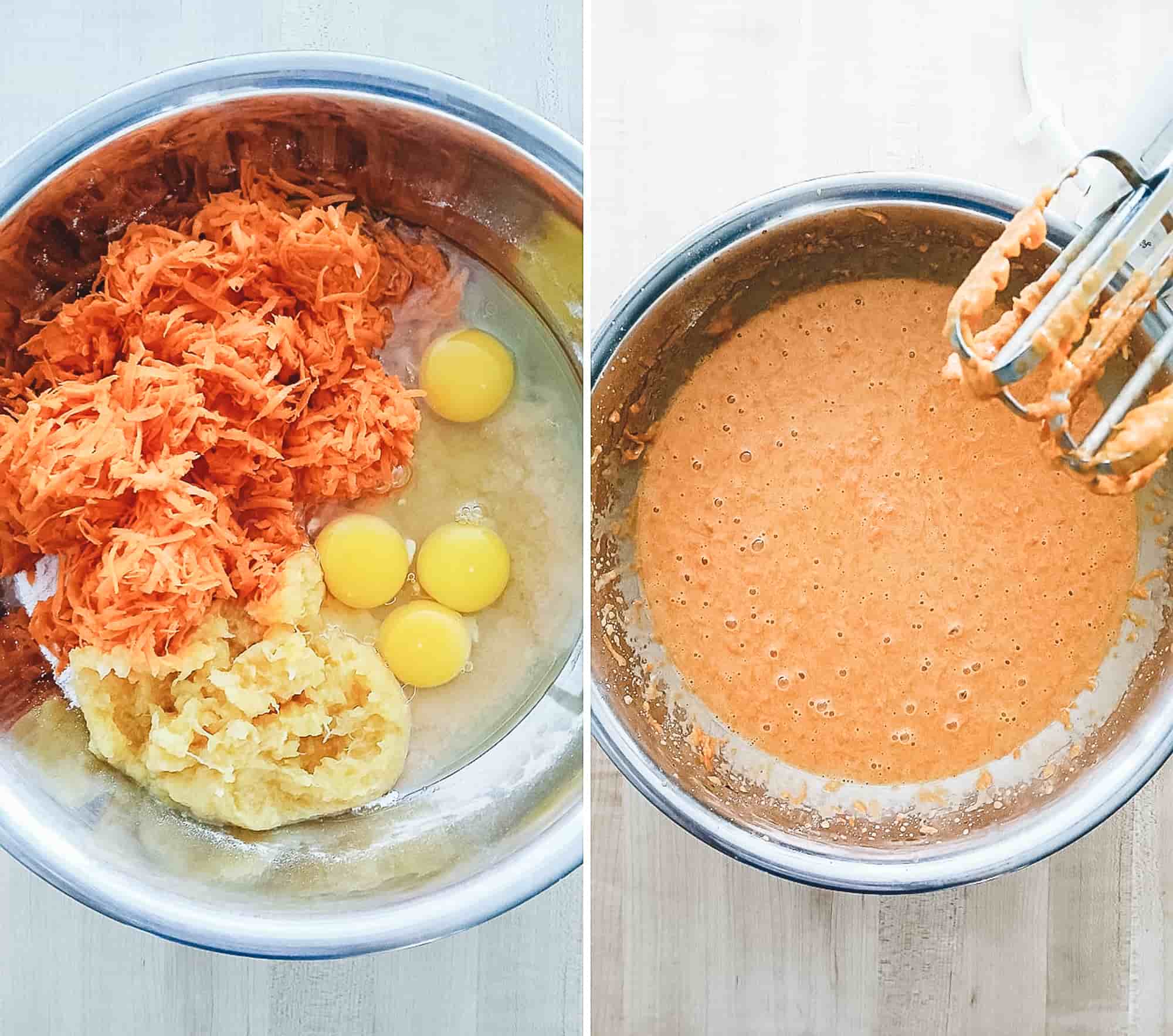 Grated carrots, eggs, and crushed pineapple being mixed to make the wet ingredients for carrot cake batter