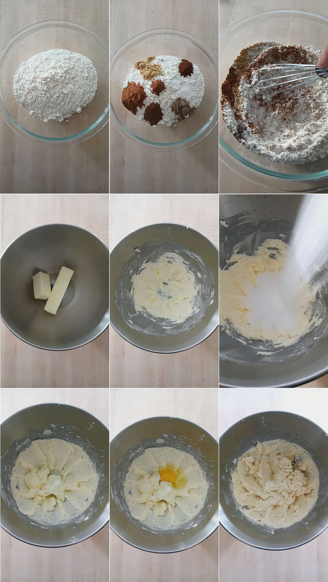 A step-by-step collage of chai sugar cookie dough preparation. Top: dry ingredients mixed. Middle: butter creamed in a bowl, sugar added. Bottom: egg and flour added.