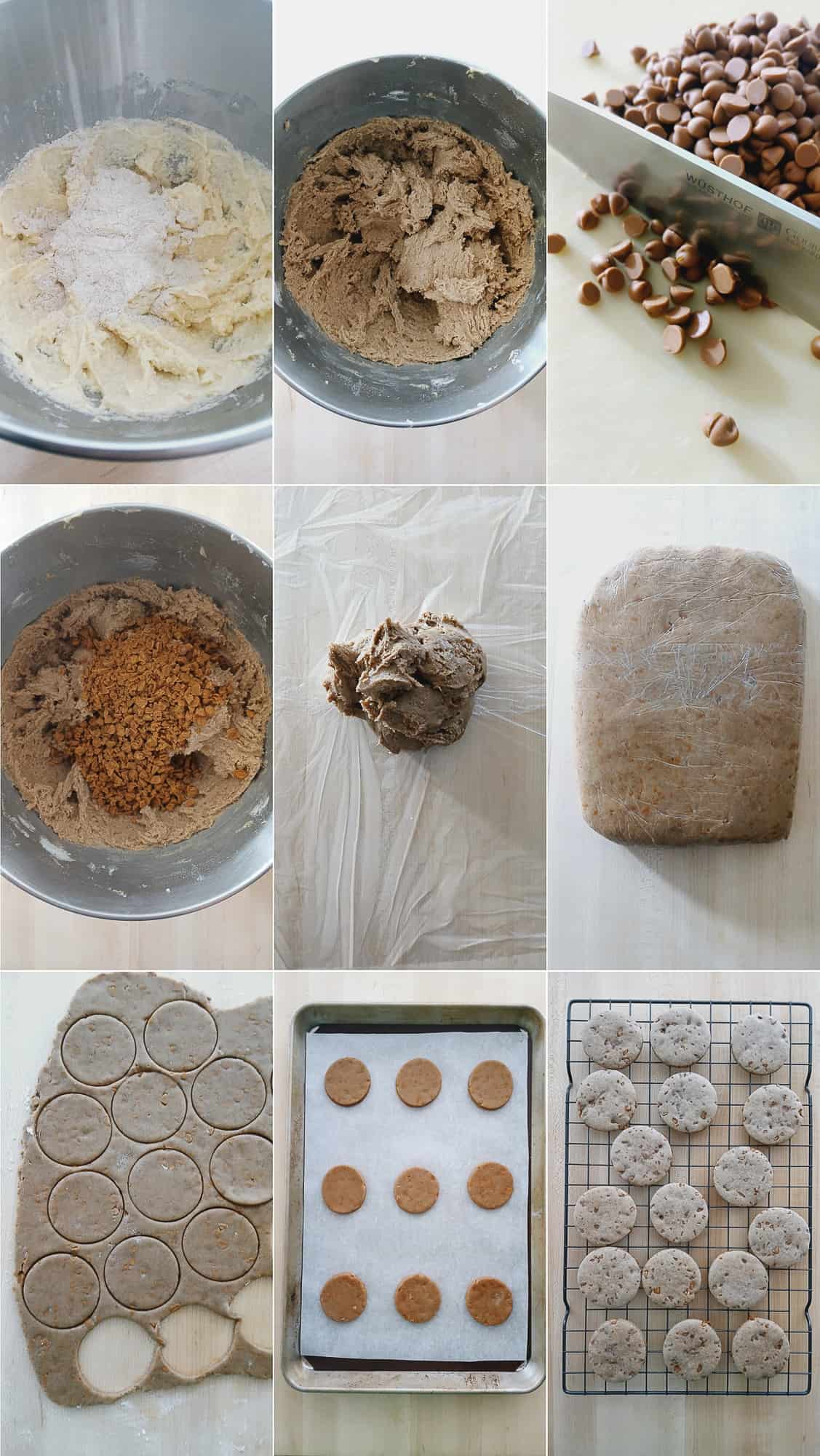 Grid showing chai sugar cookie recipe stages: mixing dough, adding cinnamon chips, chilling, cutting shapes, baking on tray, and cooling on wire rack.