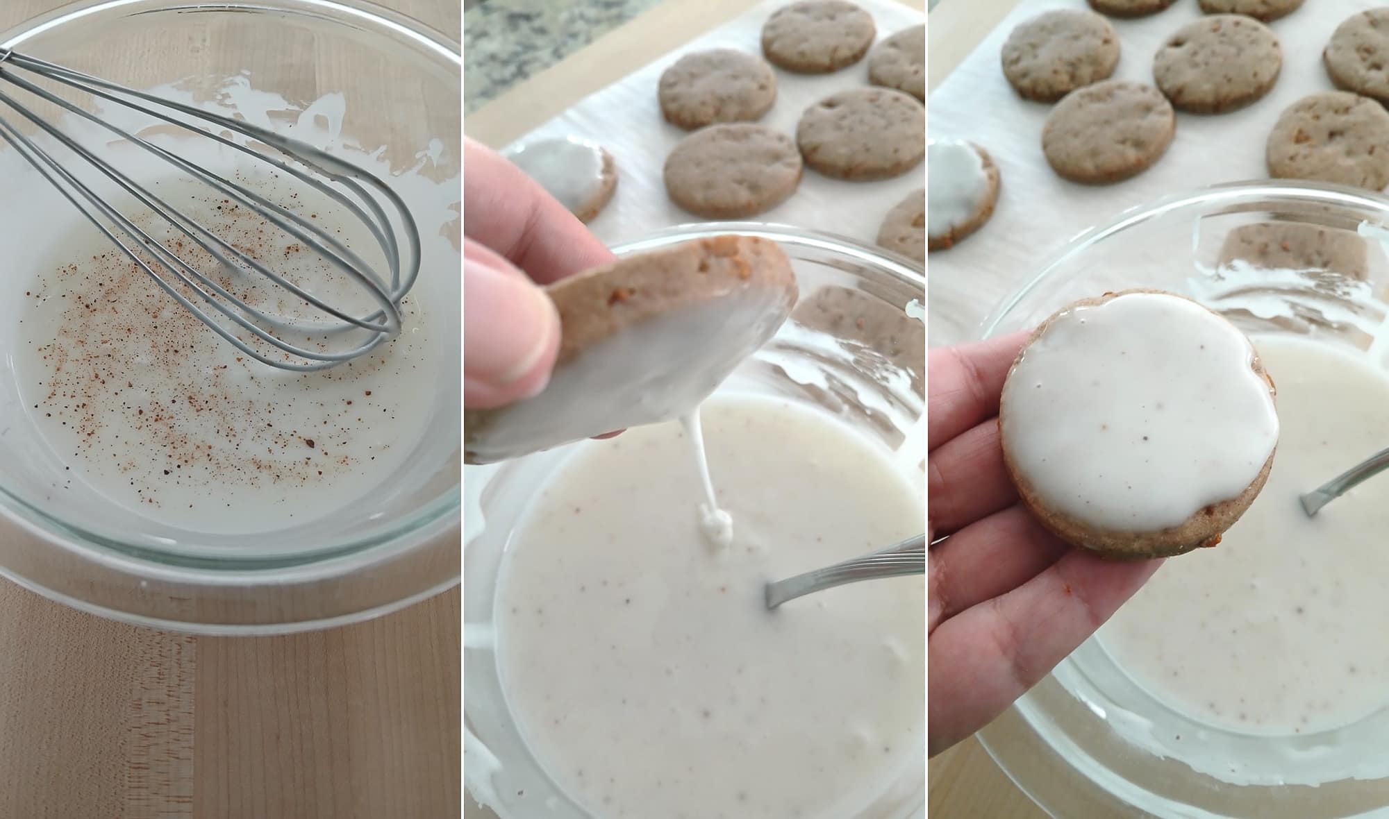 Images of chai sugar cookie icing process. Mixing icing with a whisk in a bowl; dipping cookie into icing; and holding a freshly iced cookie.