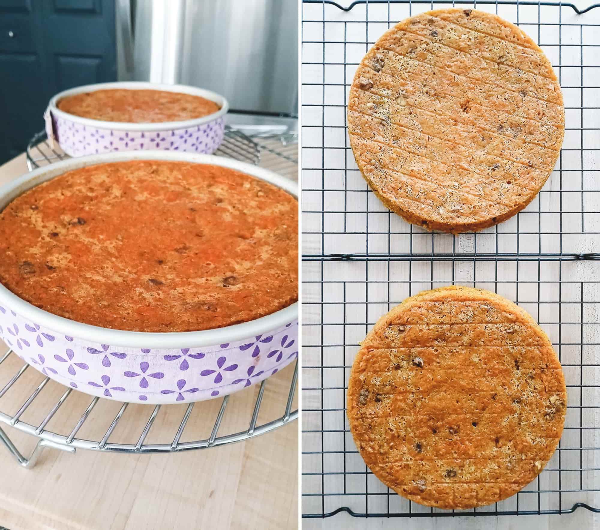 Cooling carrot cake layers in the cake pan and then flipping the cake onto a cooling rack