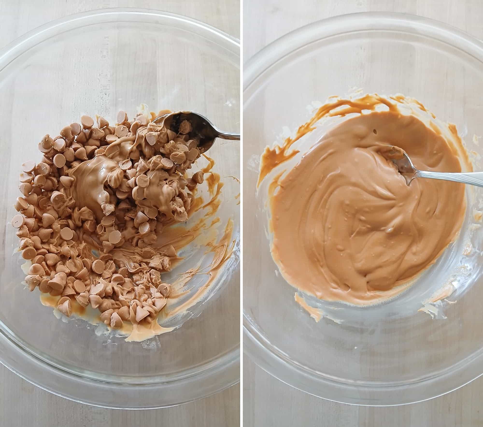 Side by side comparison of partially melted and fully smooth butterscotch chips in a glass bowl