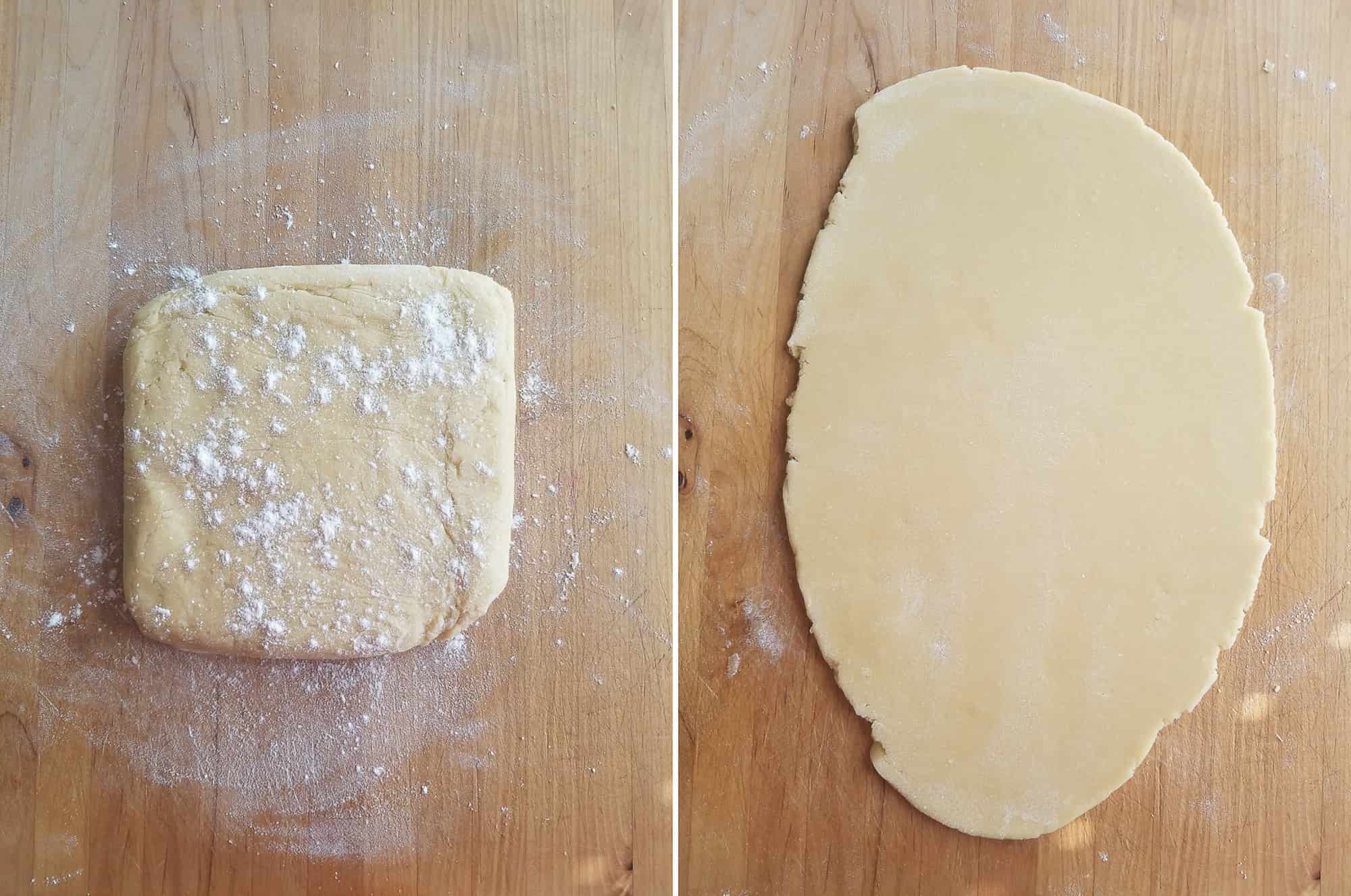 A side-by-side view showing a ball of chilled sugar cookie dough on a floured surface and then rolled out to an even thickness for cutting