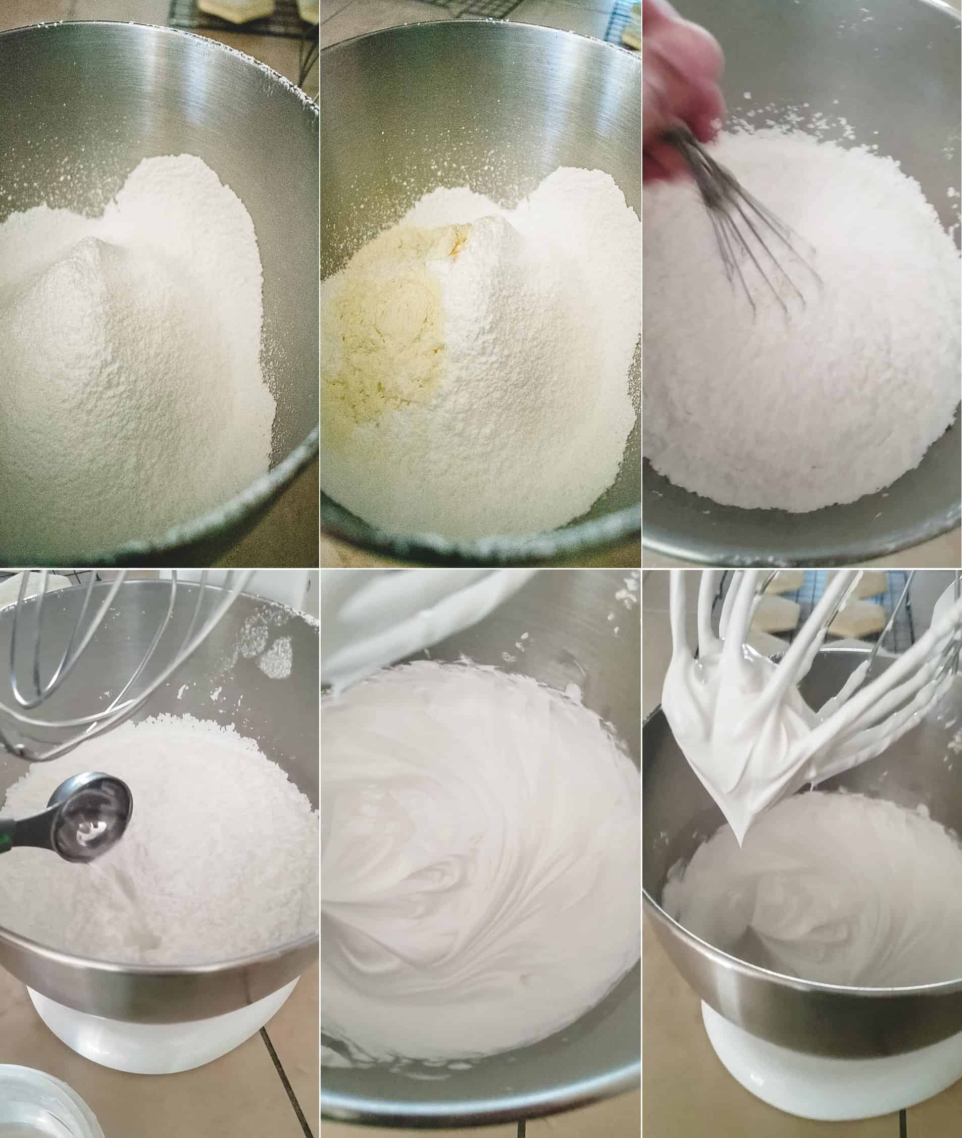 A collage shows the process of making royal icing in a metal bowl: powdered sugar, adding meringue powder, whisking, adding water, and resulting glossy, whipped peaks.