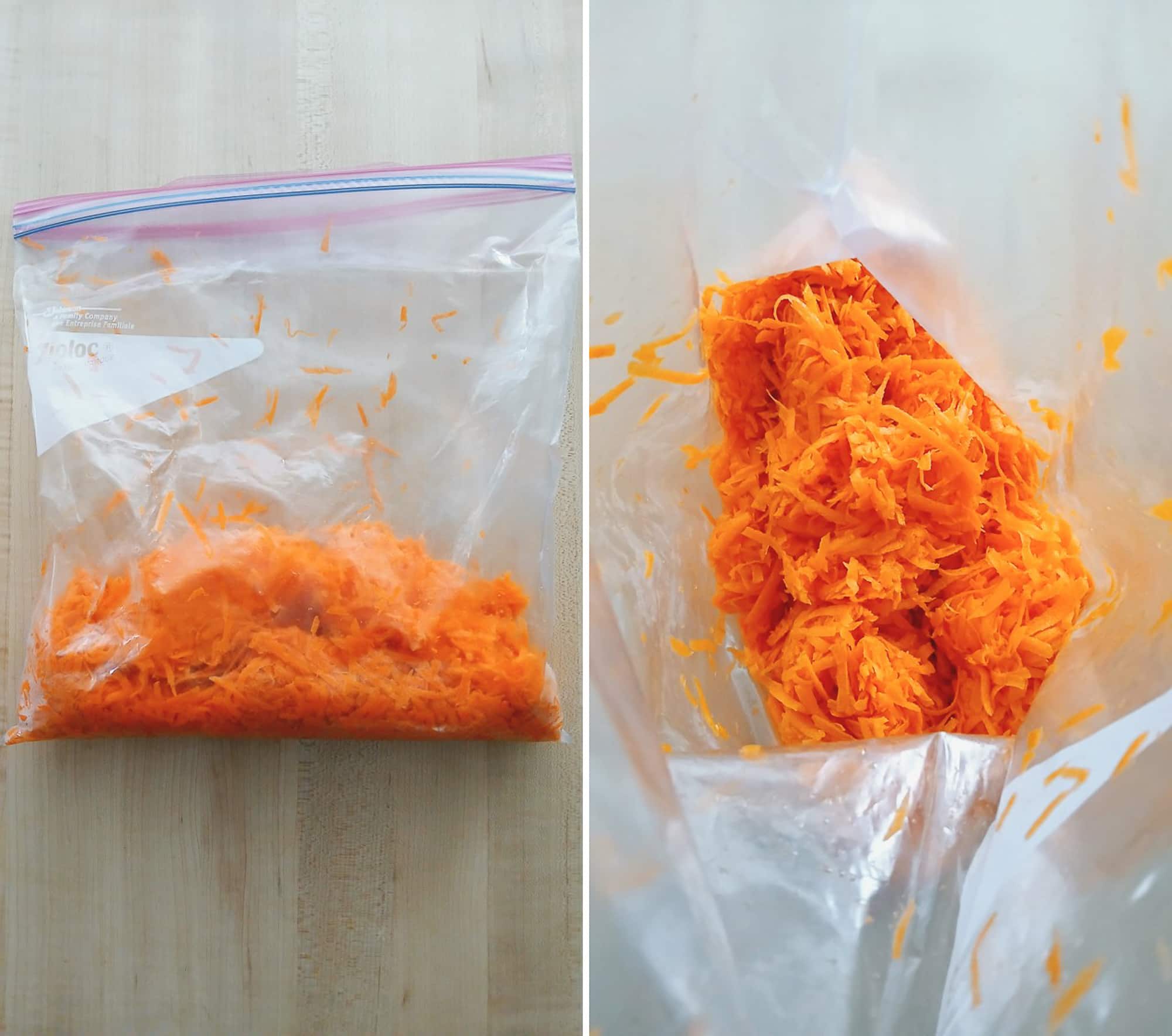 Shredded orange carrots inside a clear, resealable plastic bag. Carrots are being prepared to make carrot cake