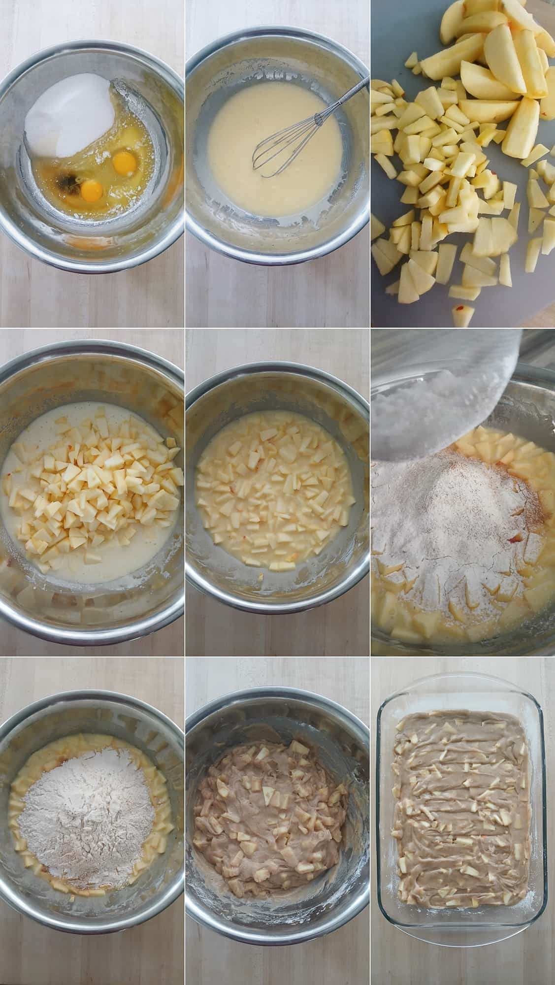 Collage showing step-by-step baking process for spiced apple cake: mixing eggs, sugar, flour, and apples; batter preparation; final apple cake batter in a dish.