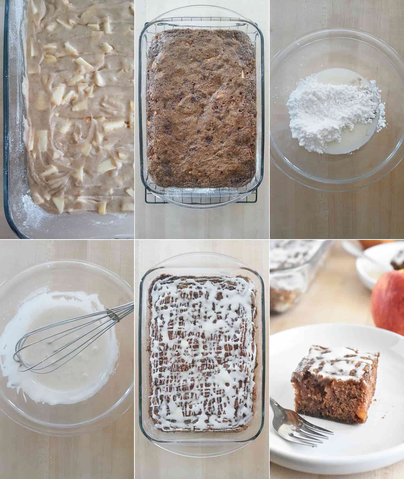 Collage of spiced apple cake preparation: batter with apple chunks, baked cake, milk with powdered sugar, icing being whisked, iced cake, sliced cake on plate.
