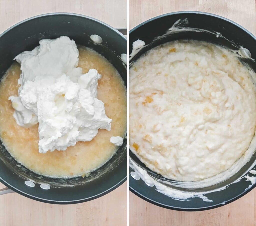 Folding whipped cream into cooling pineapple and marshmallow mixture to make light fluffy pineapple dessert filling