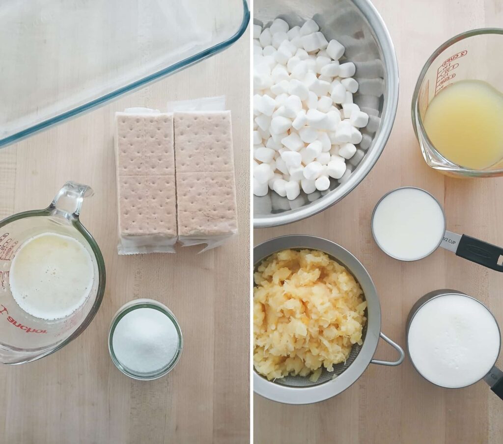 Split image of dessert ingredients. Left: graham crackers, butter, sugar for dessert crust Right: marshmallows, juice, crushed pineapple, and heavy cream for the dessert filling