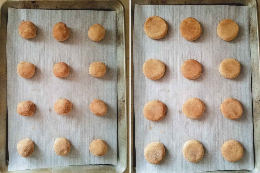 Snickerdoodle dough balls being flattened on a baking tray before baking