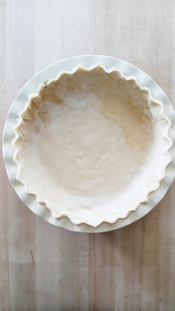 A 9-inch pie dish with the dough now pressed firmly into the pan, small tears pinched together, and the edges finished with a simple hand-crimp.