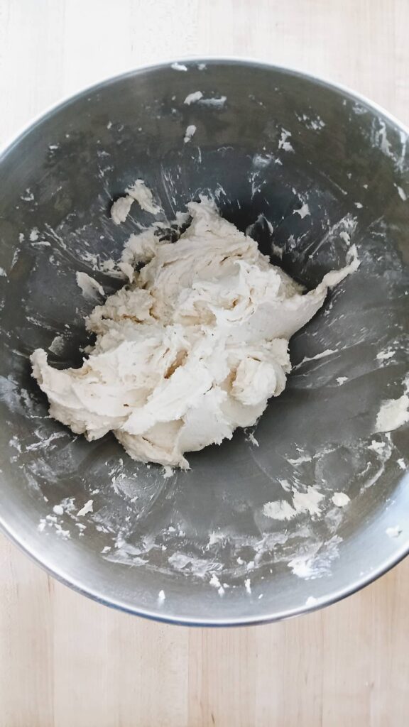 The completed shortbread dough mixed just until the flour streaks disappear.